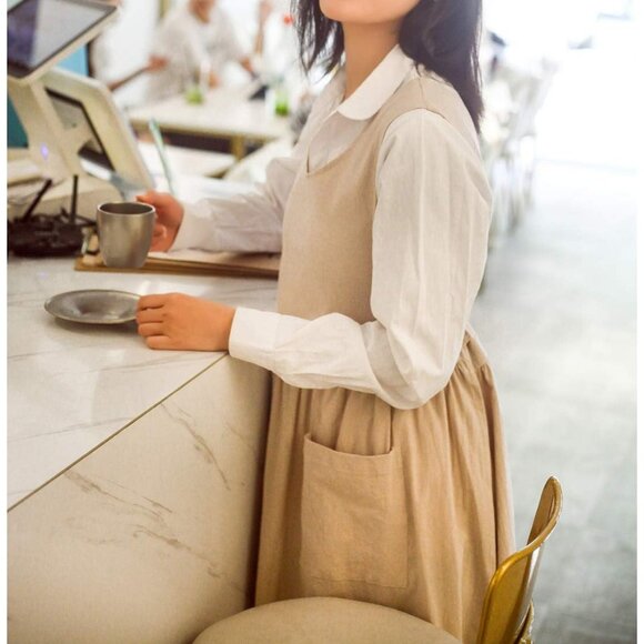 Women Plus Size Cotton Linen Vintage Pleated Split Apron Pinafore Dress with Two - Picture 7 of 9